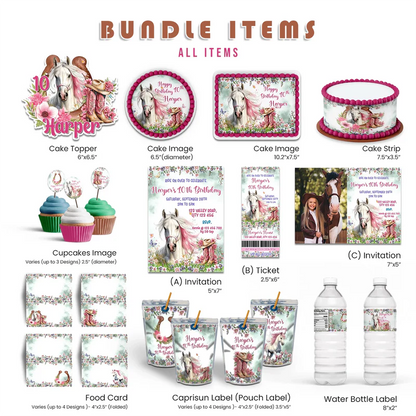 Horse equestrian party pack bundle with personalized digital templates on white background