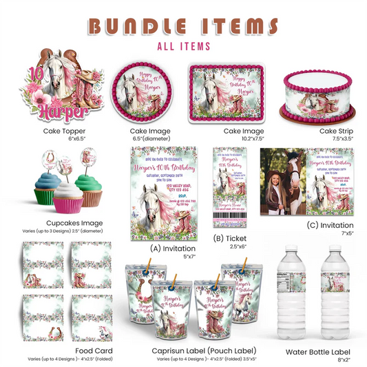 Horse equestrian party pack bundle with personalized digital templates on white background