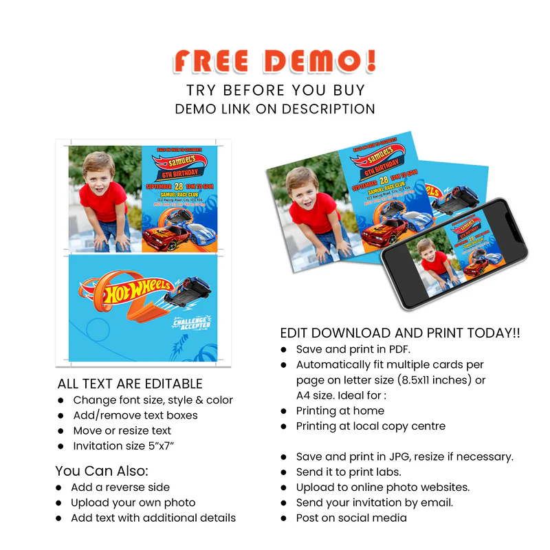 Hot Wheels Cars Personalized Photo Card Invitations