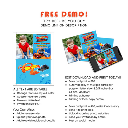 Hot Wheels Cars Personalized Photo Card Invitations