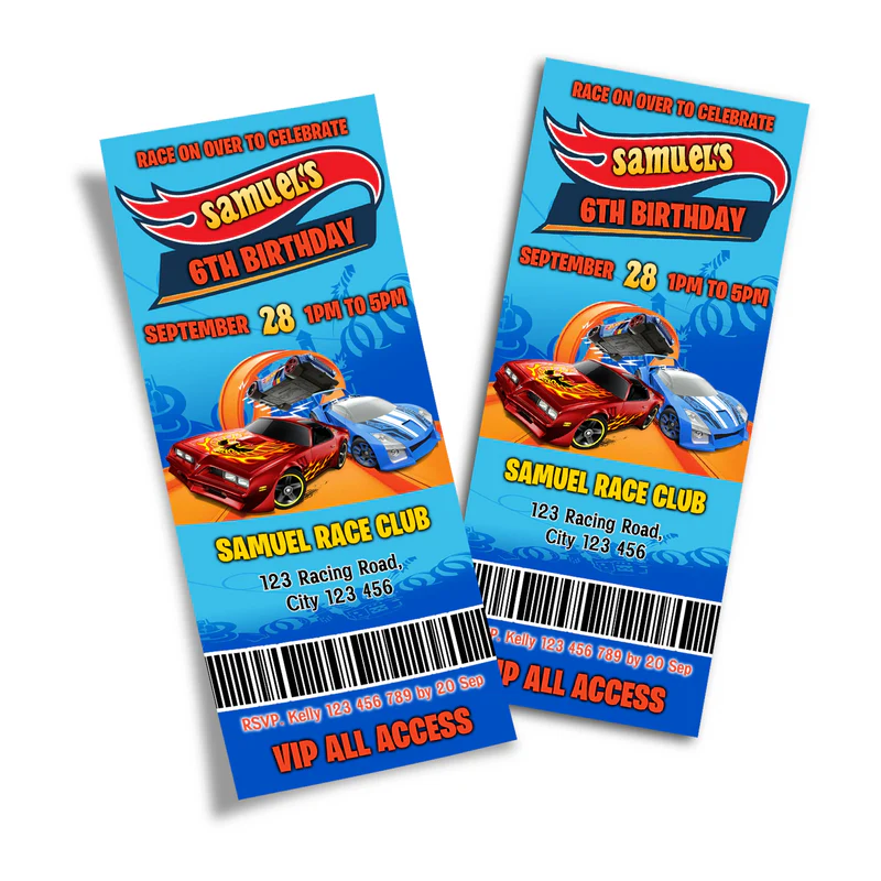 Hot Wheels Cars Personalized Birthday Ticket Invitations