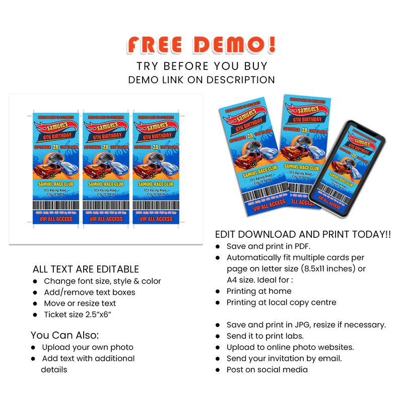 Hot Wheels Cars Personalized Birthday Ticket Invitations