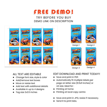 Hot Wheels Cars Favor Tags Printable Set