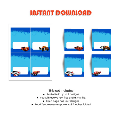 Hot Wheels Cars Food Cards Party Labels