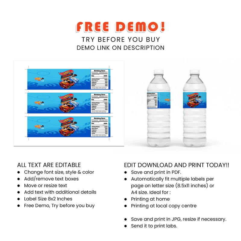 Hot Wheels Cars Water Bottle Label Printable