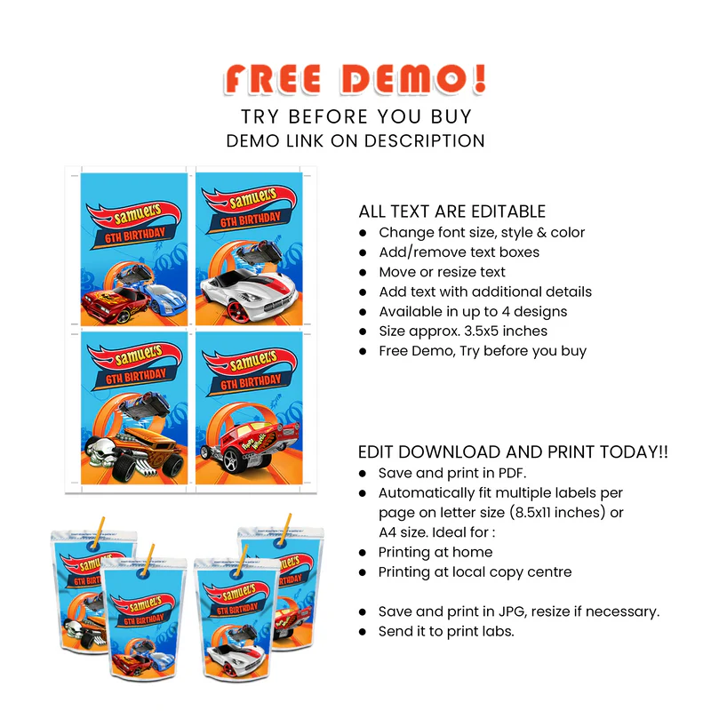 Hot Wheels Cars Juice Pouch Label Template