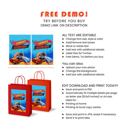 Hot Wheels Cars Goodie Bag Label Party Design