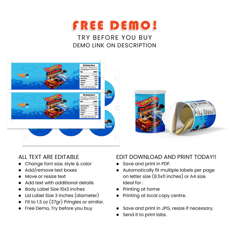 Hot Wheels Cars Small Pringles Label Template