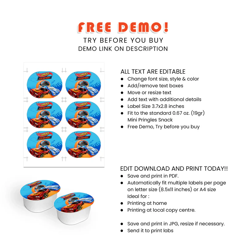 Hot Wheels Cars Mini Pringles Label Printable