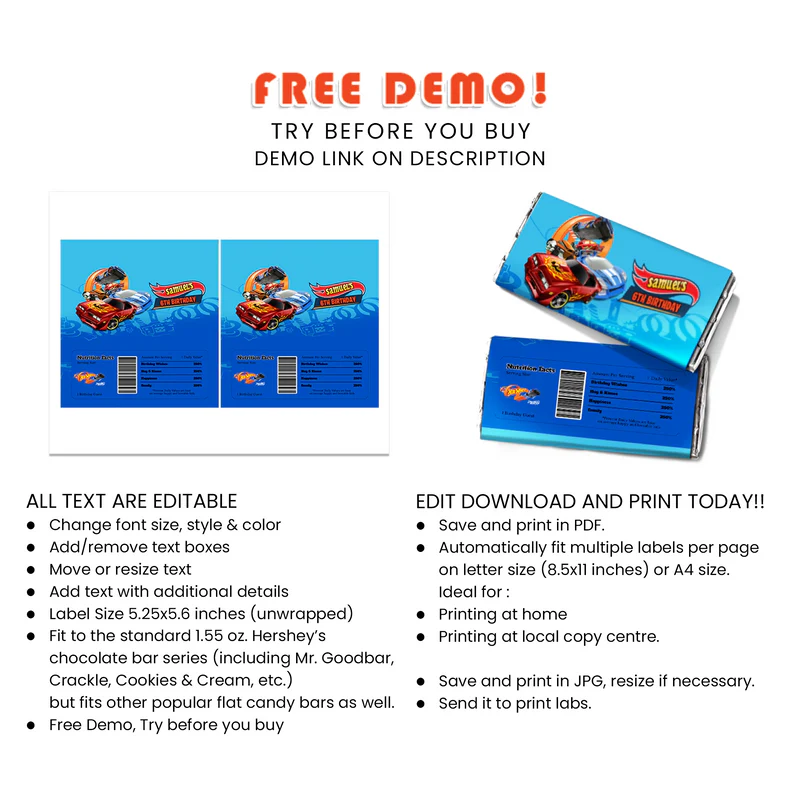 Hot Wheels Cars Chocolate Label Party Wrap