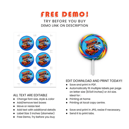 Hot Wheels Cars Lollipop Label Printable