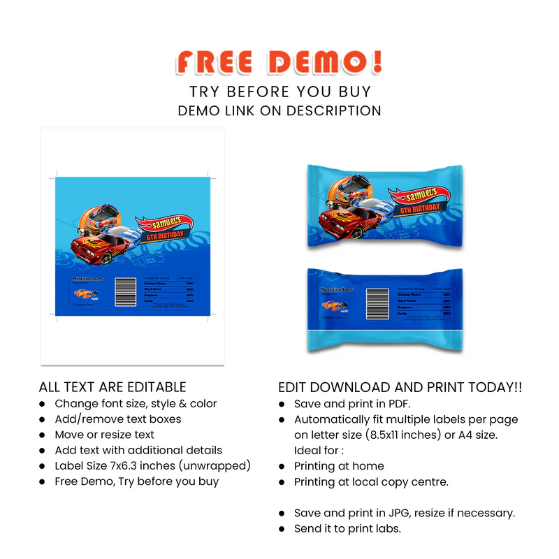 Hot Wheels Cars Skittles Label Party Favor