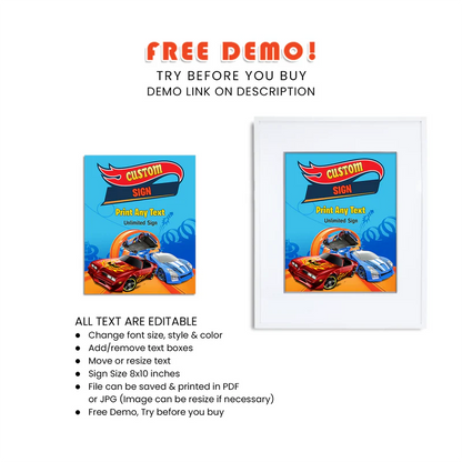 Hot Wheels Cars Custom Sign Printable