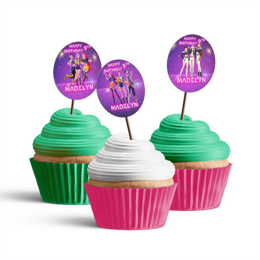 Huntrix Kpop Demon Hunters cupcake toppers with colorful printed designs on round cut-outs over white background
