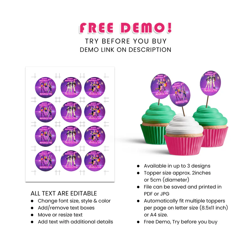 Huntrix Kpop Demon Hunters cupcake toppers birthday party set