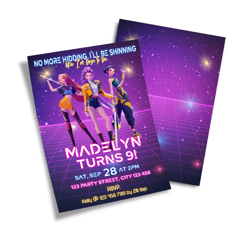 Huntrix Kpop Demon Hunters birthday card invitations with vibrant character artwork and custom text fields
