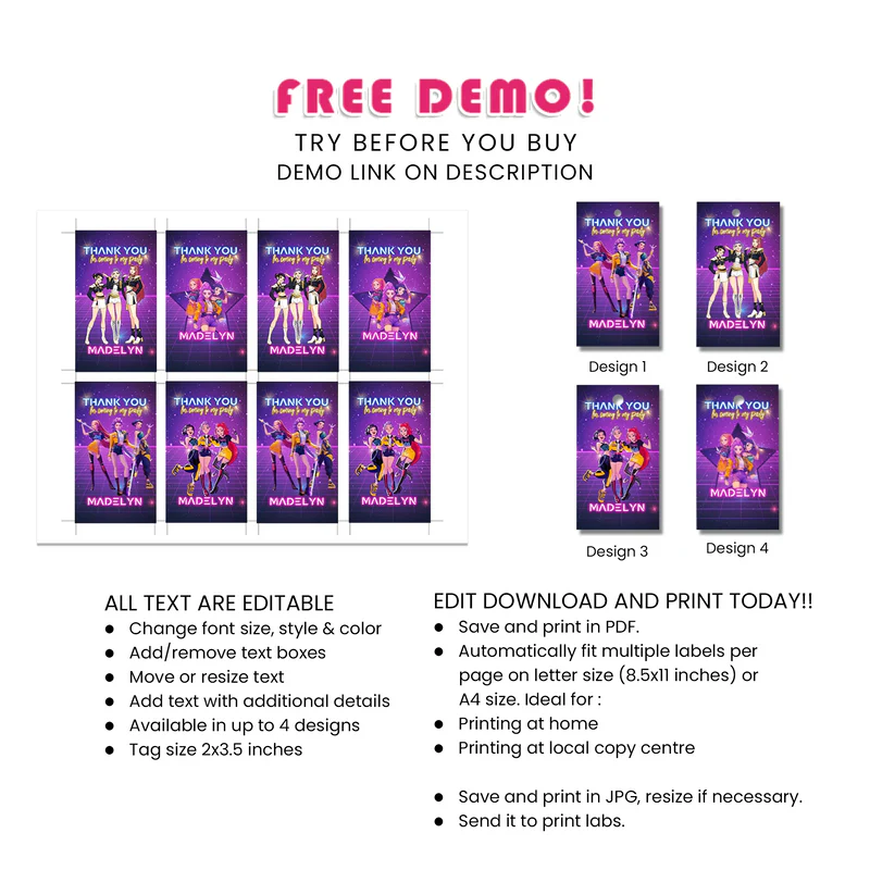 Huntrix Kpop Demon Hunters favor tags party gift decoration