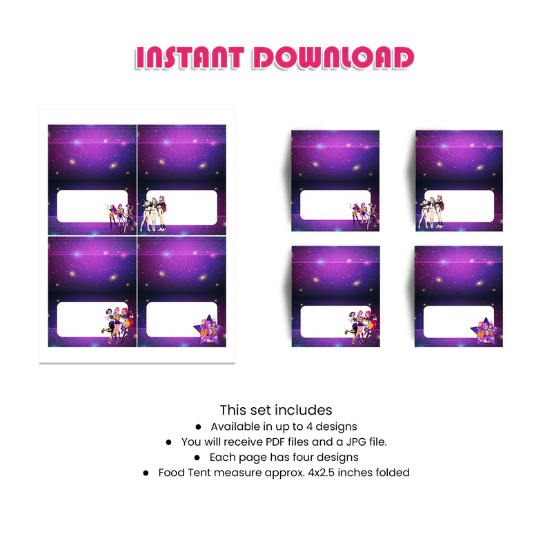 Huntrix Kpop Demon Hunters food cards buffet table labels