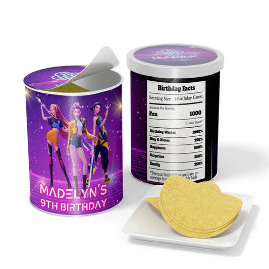 Huntrix Kpop Demon Hunters small Pringles label with themed wrap design in bright party colors