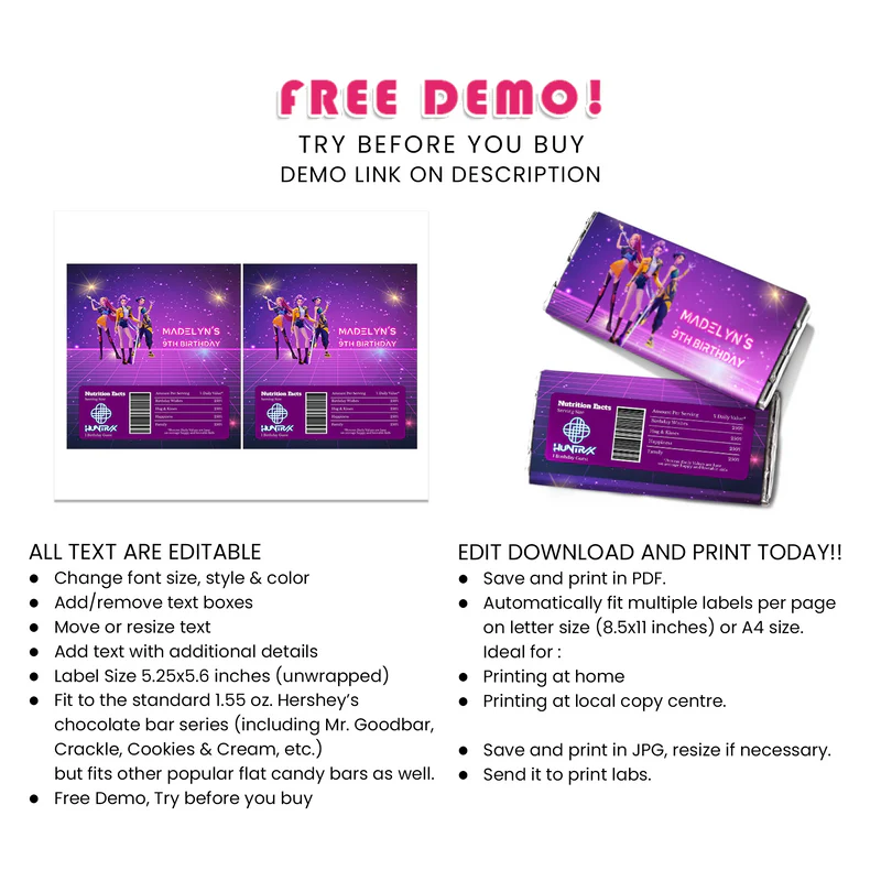 Huntrix Kpop Demon Hunters chocolate label party favor wrap