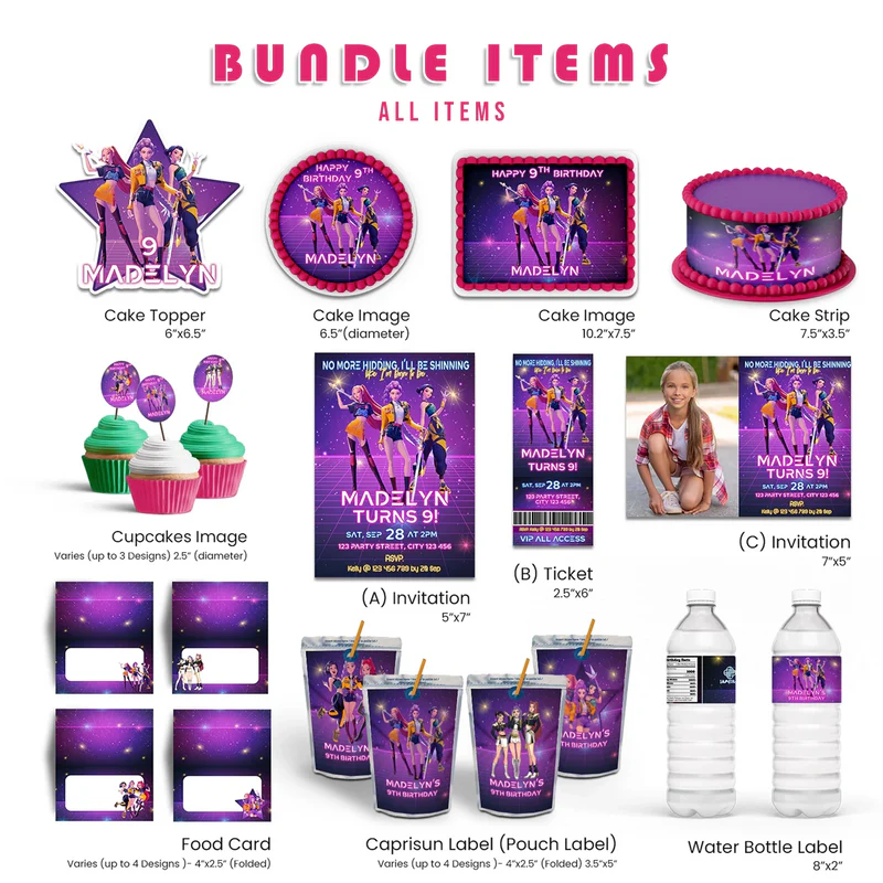Huntrix Kpop Demon Hunters party pack with coordinated designs and colorful printable templates on white background
