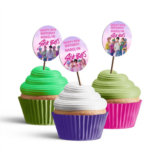 Huntrix - Saja Boys cupcakes toppers with round blue theme prints displayed on white background