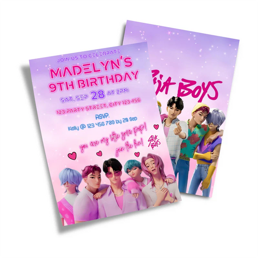 Huntrix - Saja Boys birthday card invitations with blue design flat lay on white surface