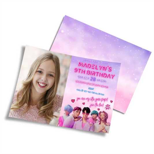 Huntrix - Saja Boys photo card invitations with custom picture layout in blue theme flat lay