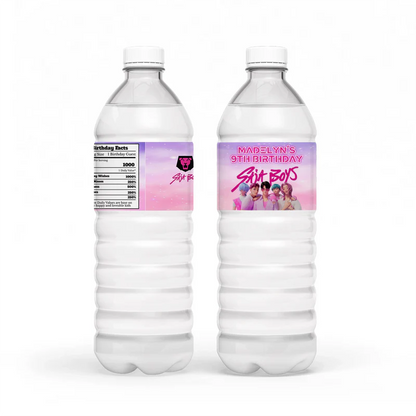 Huntrix - Saja Boys water bottle label with blue party design wrapped around clear bottle