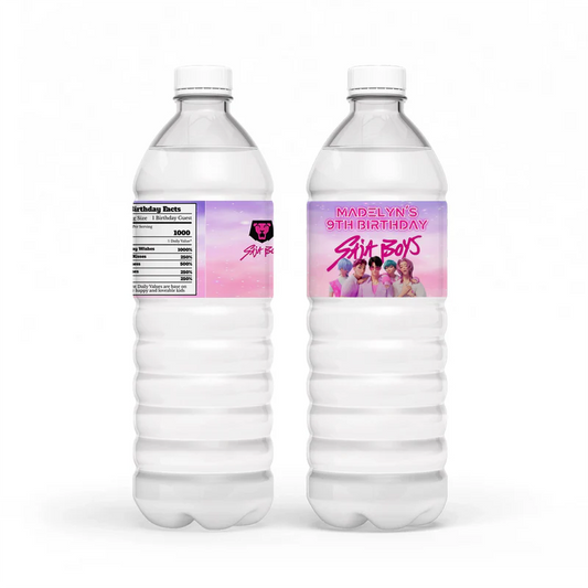 Huntrix - Saja Boys water bottle label with blue party design wrapped around clear bottle