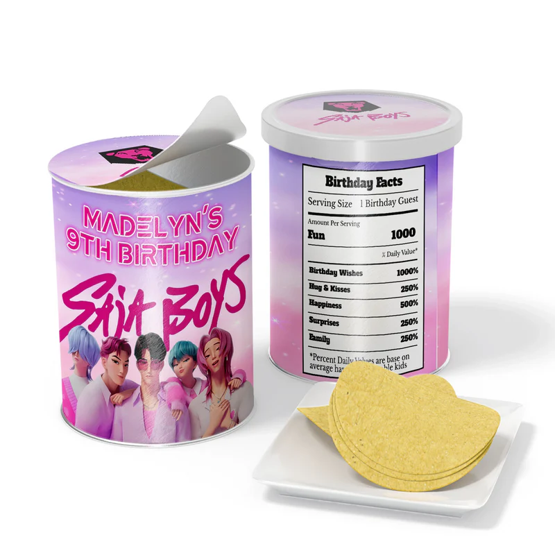 Huntrix - Saja Boys small pringles label with blue design wrapped around snack can