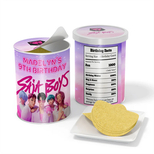 Huntrix - Saja Boys small pringles label with blue design wrapped around snack can