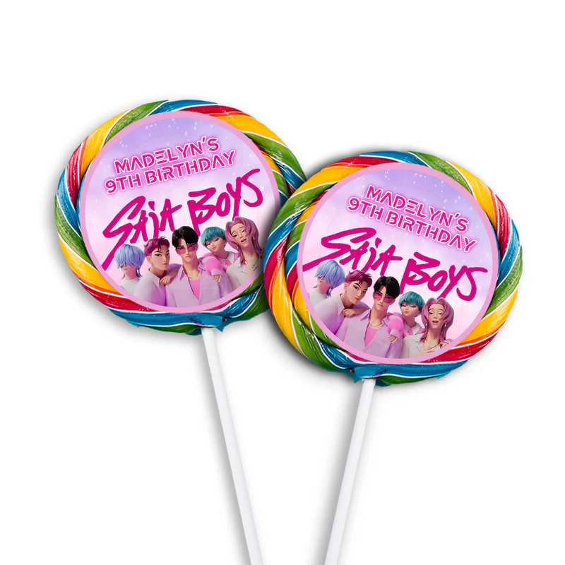 Huntrix - Saja Boys lollipop label with blue themed round sticker applied to candy