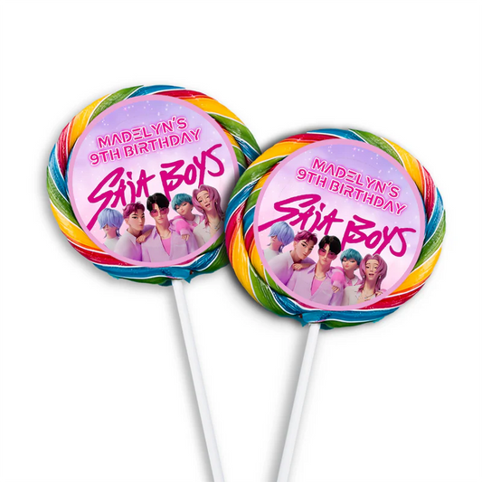 Huntrix - Saja Boys lollipop label with blue themed round sticker applied to candy