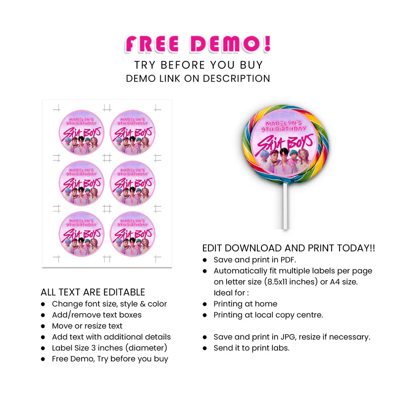 Huntrix - Saja Boys Lollipop Label Personalized Party Sticker