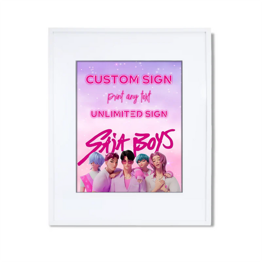 Huntrix - Saja Boys custom sign with blue party design standing upright against white background