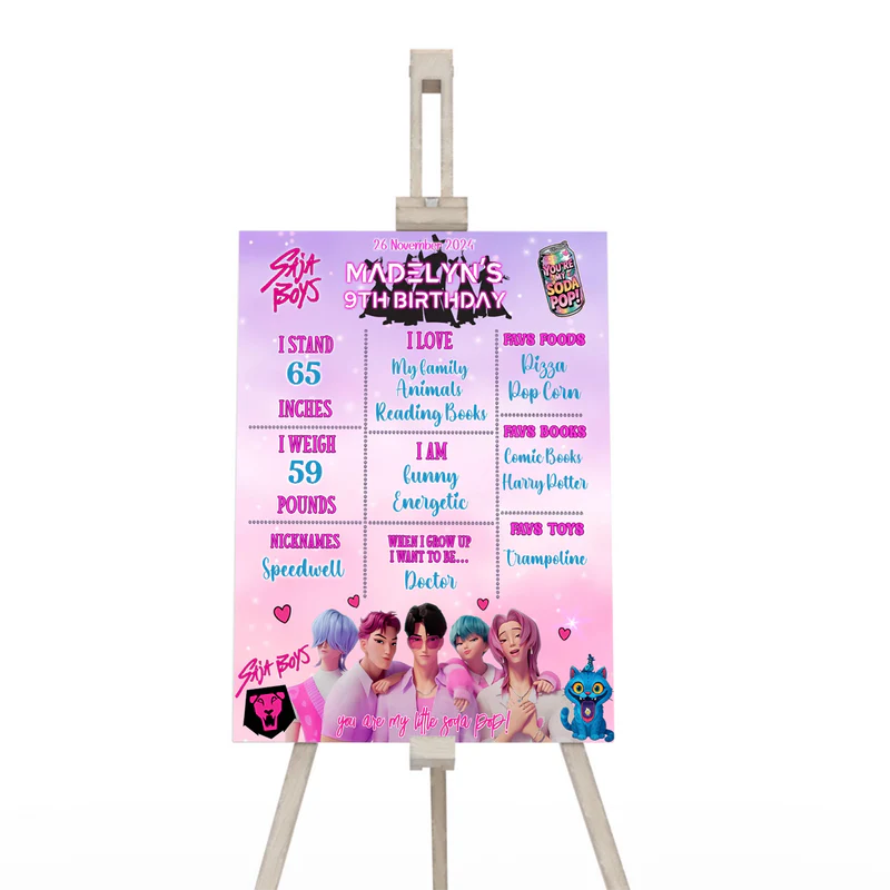 Huntrix - Saja Boys milestone poster with custom details in blue theme flat on white surface