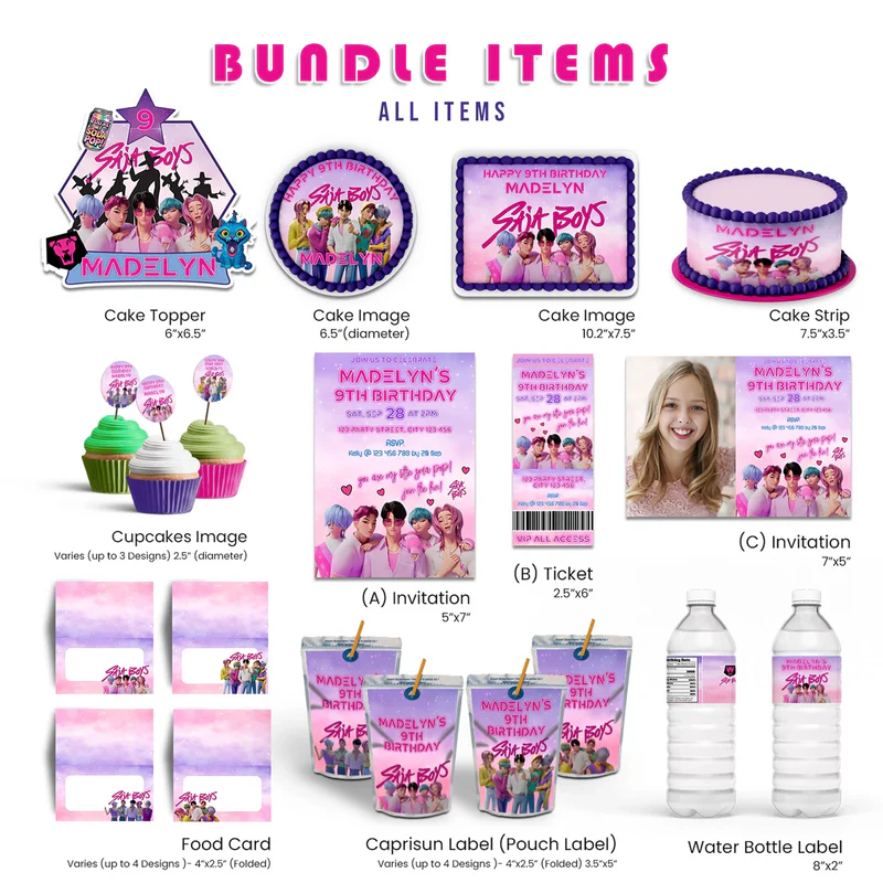 Huntrix - Saja Boys party pack bundle with coordinated blue digital templates on white background