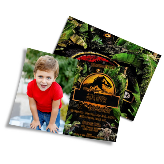 Personalized photo card invitations featuring Jurassic World