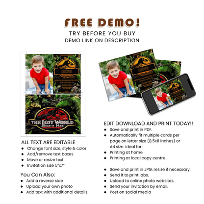 Jurassic World Personalized Photo Card Invitations Custom Photo Card Invitations for Jurassic World Themed Birthdays