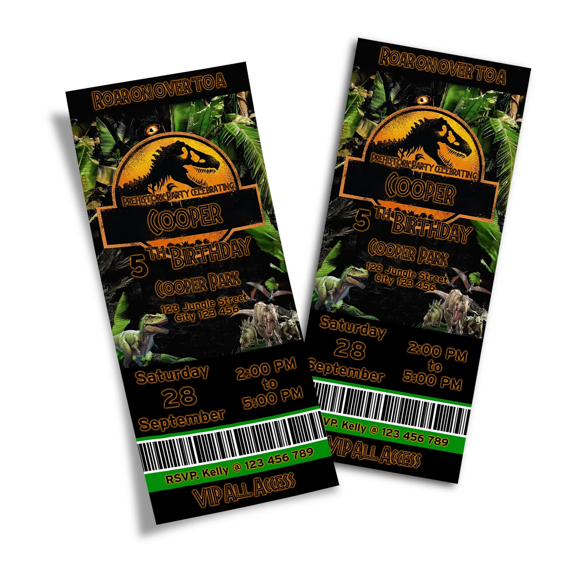 Custom birthday ticket invitations with Jurassic World theme