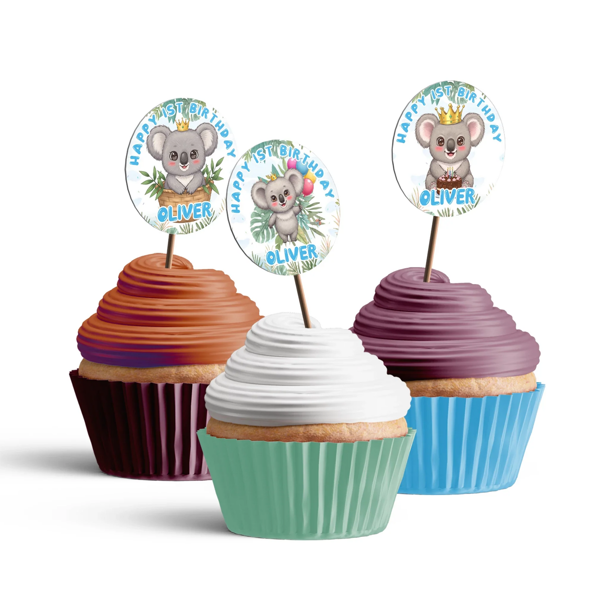 Koala-themed personalized cupcake toppers for celebrations