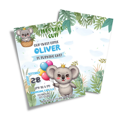 Custom koala birthday invitations with party details