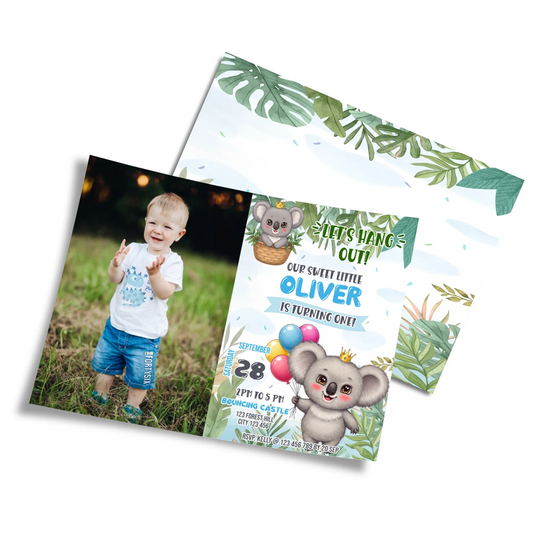 Koala-themed personalized photo invitations for birthdays