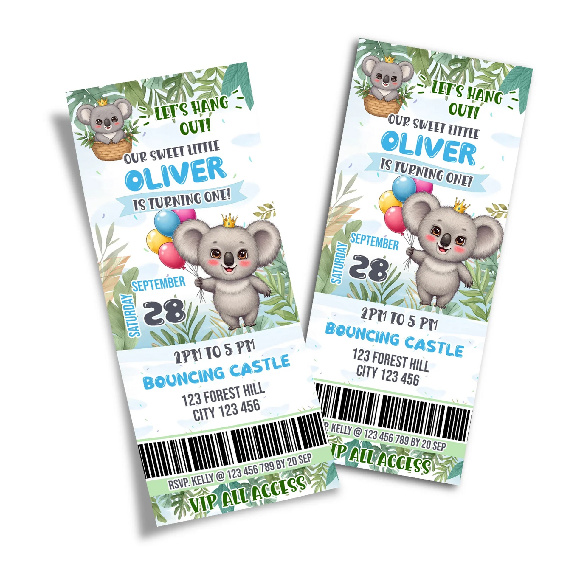 Custom birthday ticket-style invites with koala theme