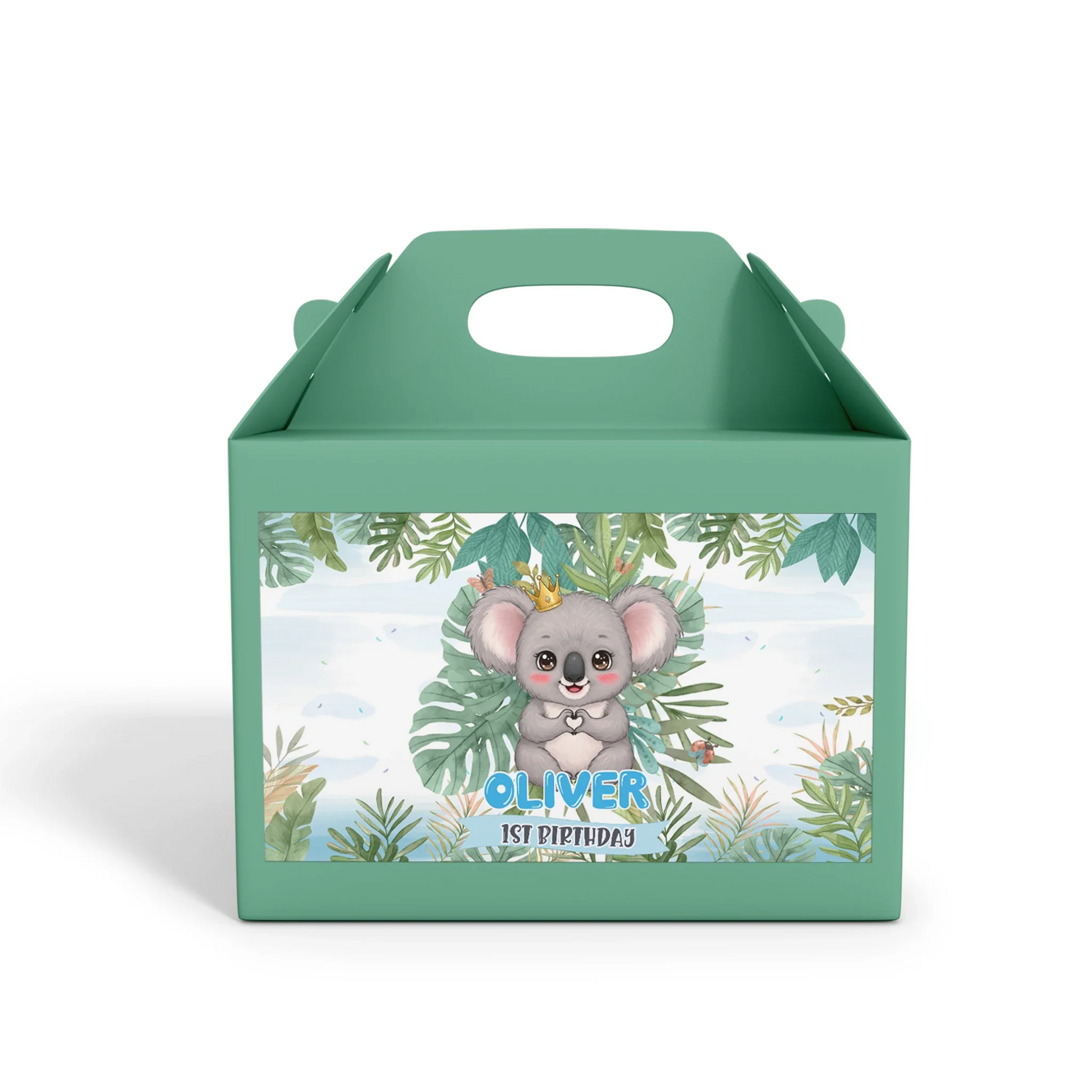 Koala-themed personalized labels for party favor boxes