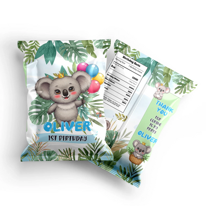 Custom koala-themed chip bag labels for birthdays