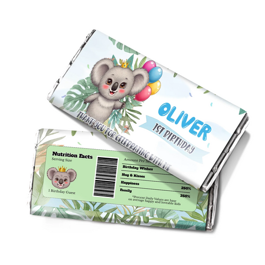 Personalized koala chocolate bar wrappers for events