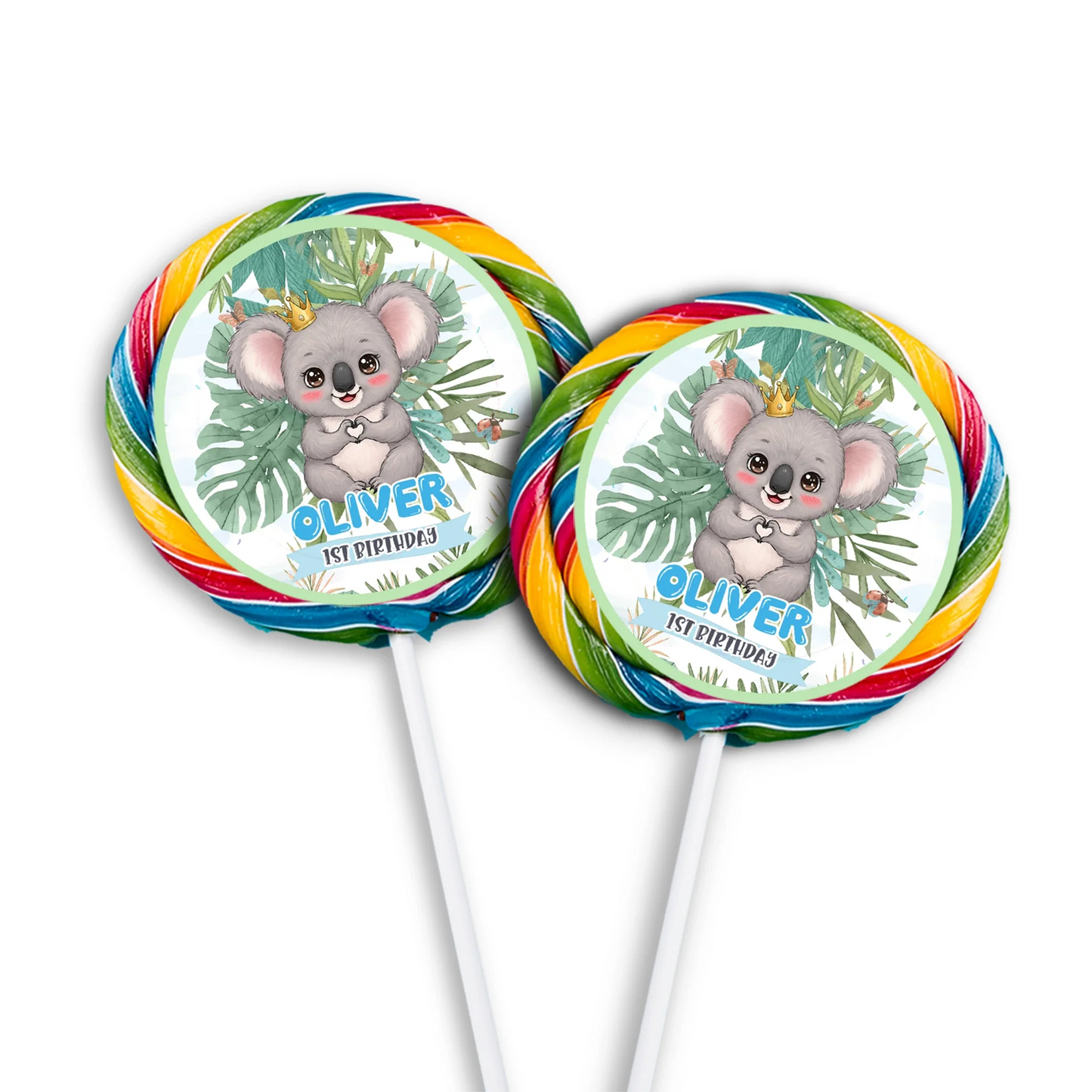 Personalized koala lollipop labels for party favors