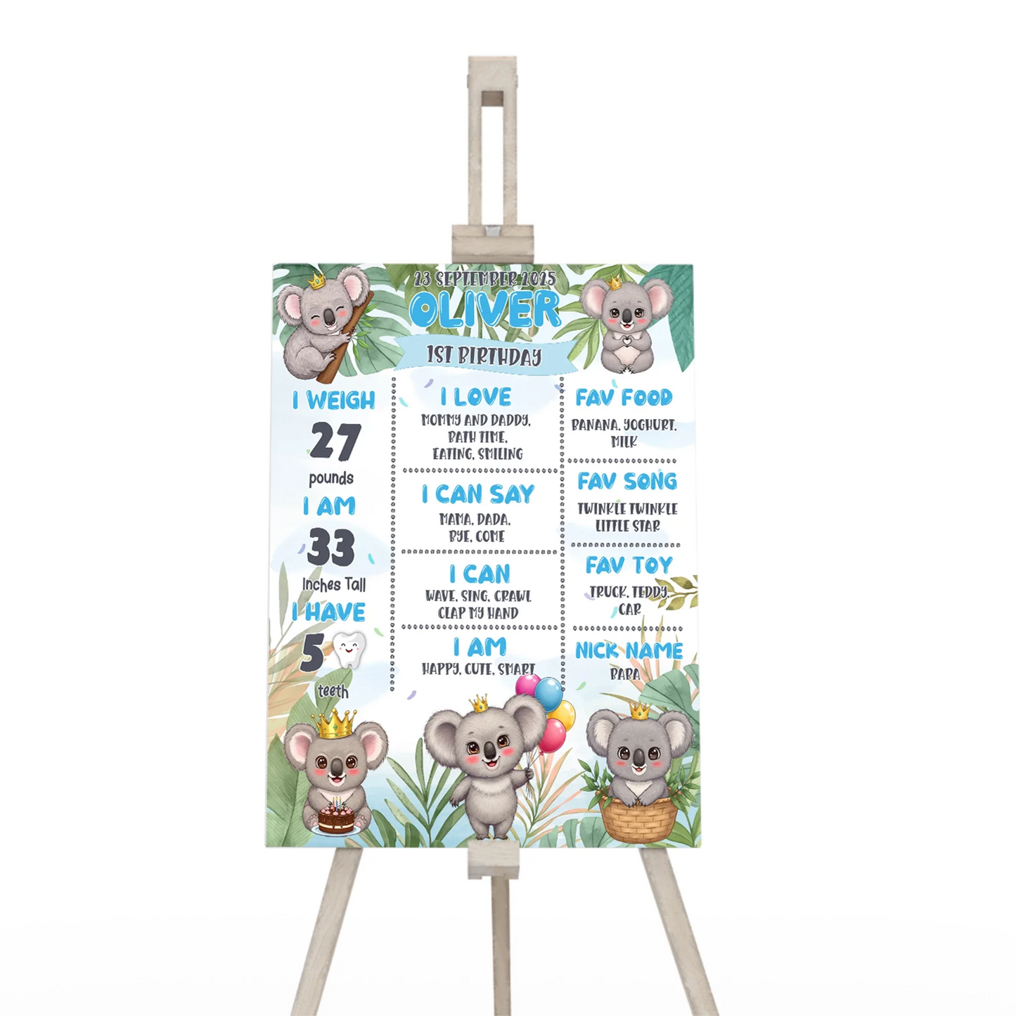 Personalized koala milestone poster for baby birthdays